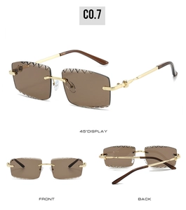 Three-view detail of rimless square sunglasses with gold metal temples and brown lenses