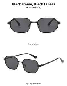 Front and side view of small square metal sunglasses with dark lenses and nose pads