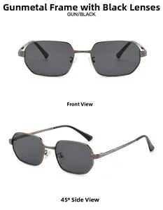 Front and 45-degree side views of gunmetal square metal sunglasses with grey lenses