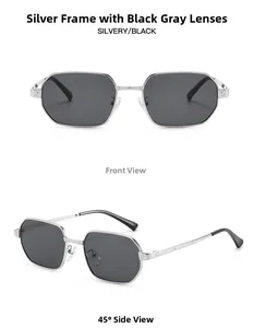 Front and side view of rectangular silver metal sunglasses with rivet screw details
