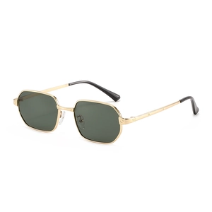 Retro rectangle sunglasses with gold metal frame and screw detail on temples