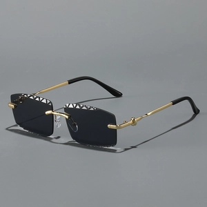 Fashion rimless square metal sunglasses with geometric cut grey lenses and gold temples