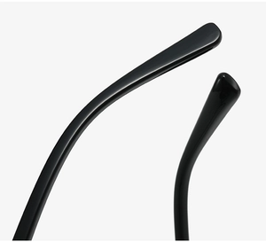 Detail of glossy black temples with smooth curved tips and high-quality finish
