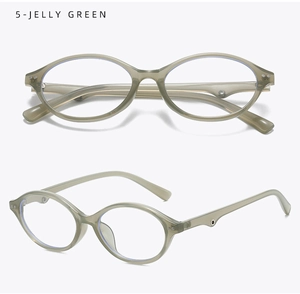 Detail view of oval jelly green glasses frames featuring metallic rivet accents