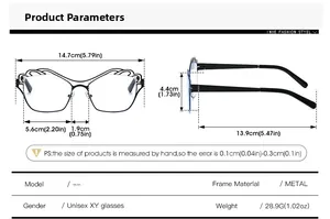 Detailed technical diagram showing dimensions of cat-eye metal blue light glasses