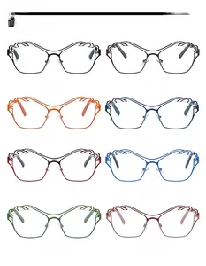 Detail view showing eight color variants of cat-eye glasses frames with wavy metal rims
