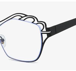 Detail view of black cloud-shaped metal frame glasses with anti-blue light clear lenses