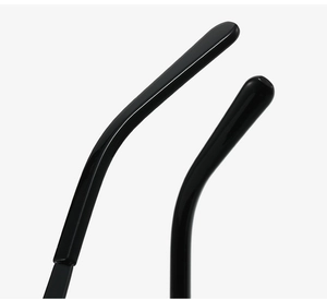 Macro shot of glossy black eyeglass temples showing polished finish and smooth curvature
