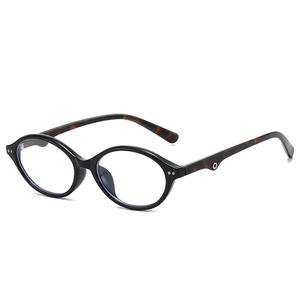 Retro oval black eyeglasses with tortoise shell temples and anti-blue light clear lenses
