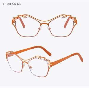 Detail of orange butterfly hollow metal frame with irregular cloud design blue light glasses