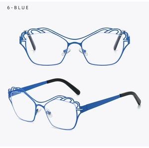 Detail of blue irregular metal eyeglass frame with wavy hollow design and 6-BLUE spec