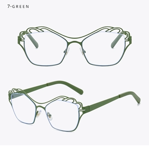 Detailed view of green cat-eye frames with hollow out design and blue light lenses