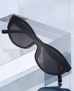 Close-up of black cat-eye glasses with model number 19446 C1 on artistic glass background