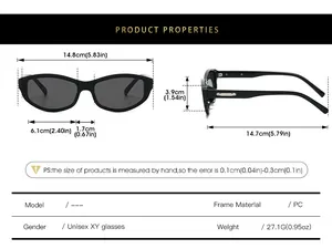 Detailed size guide for cat eye sunglasses showing frame width and temple length