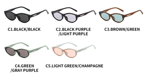 Five assorted cat eye sunglasses in black, purple, brown and green frames with metal trim