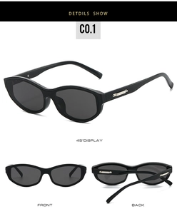 Detailed views of black oval cat-eye sunglasses with silver metal temple inserts