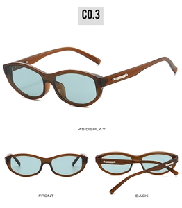 Three-view display of cat-eye sunglasses with amber frames and blue tinted lenses