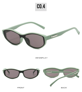 Three-view display of mint green cat eye sunglasses with silver metal temple accents