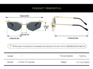 Detailed size chart for Y2K cat eye polygon sunglasses with full frame measurements