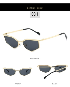 Detailed views of gold geometric cat-eye sunglasses with grey lenses in three angles
