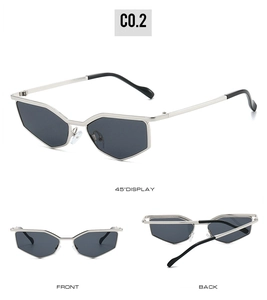 Three-angle view of silver metal geometric sunglasses with dark grey hexagonal lenses