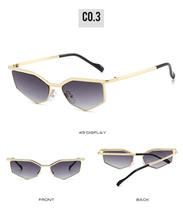Three views of metallic polygon cat-eye sunglasses with gradient lenses in Y2K style