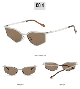 Three-view display of silver metal geometric sunglasses with dark brown lenses and C0.4 code