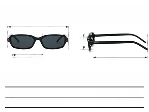 Detail view of black rectangular sunglasses with dimensions and TR frame specifications