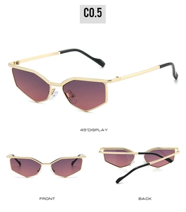 Three perspectives of Y2K geometric metal sunglasses with purple gradient lenses