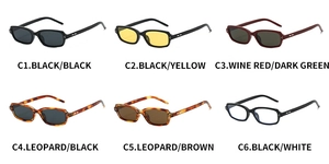 Matrix display of narrow rectangular sunglasses in black, tortoiseshell, and wine red