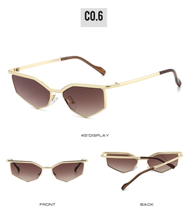 Three-angle view of geometric gold metal sunglasses with brown gradient lenses