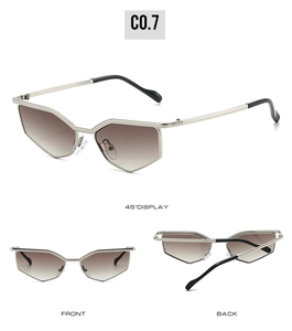 Macro view of silver geometric sunglasses with brown gradient lenses and slim temples