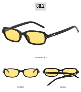 Multi-angle views of vintage rectangular black frame sunglasses with bright yellow lenses