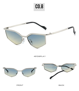 Detailed views of polygon metal sunglasses with blue-yellow gradient lenses and Y2K aesthetic