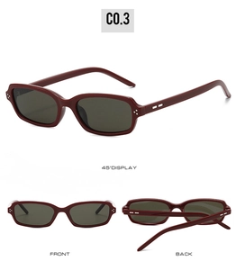 Three views of retro dark red rectangular sunglasses with dark green lenses and silver studs