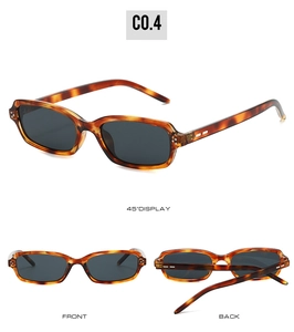 Detailed view of tortoise shell rectangular sunglasses from front, side and back angles
