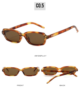 Detail view of tortoiseshell rectangle sunglasses with brown lenses from multiple angles