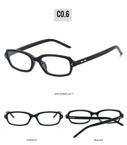 Three perspectives of black rectangular sunglasses with silver rivet details and metal accents