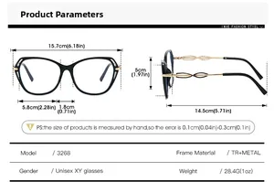 Detailed size chart for butterfly metal frame glasses showing full dimensions and weight info