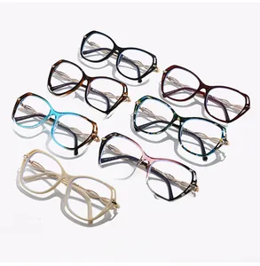 Detail of assorted stylish metal twist temple glasses frames in various colors