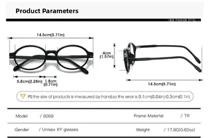 Detailed sizing chart for black TR round frame glasses with complete dimensions and weight