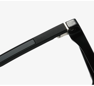Macro view of high-quality hinge connection on retro black round frame glasses