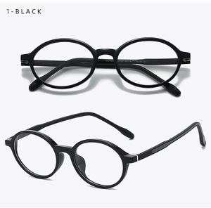 Detail view of round black TR90 eyewear showing front and side profile with metal hinges