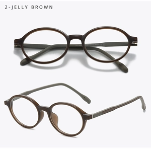 Detail view of oval Jelly Brown TR90 frame glasses with olive green temples and silver hinge