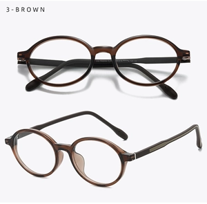 Detail view of brown oval TR90 glasses frames with printed size model parameters