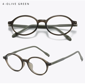 Detail view of round olive green translucent glasses frame with matte temple arms
