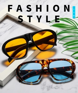 Detail of retro oversized sunglasses in black-yellow and tortoiseshell-blue color options