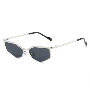 Silver polygonal metal sunglasses with grey lenses in Y2K cyber tech style for outdoor wear