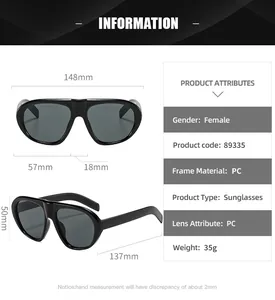 Size chart for stylish oversized sunglasses showing dimensions and PC frame specifications