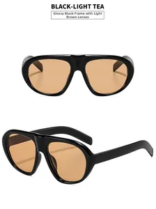 Detail of aviator style black frame sunglasses with light tea tinted lenses in two views
